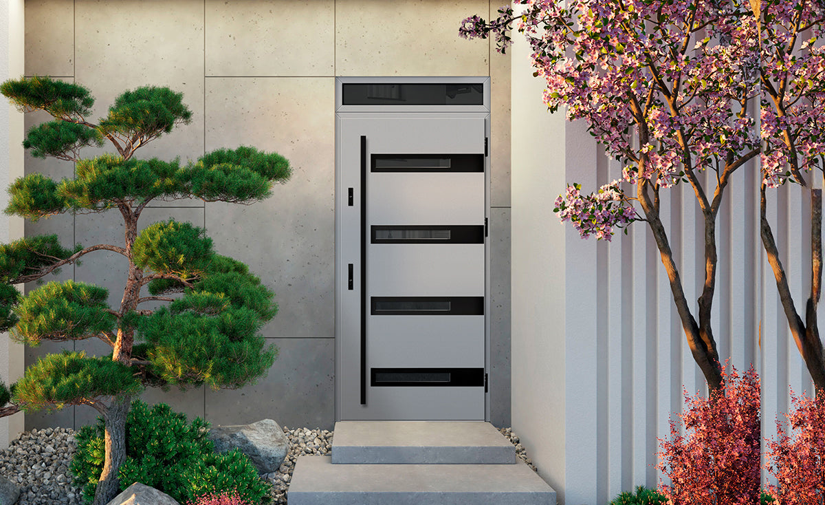 Timber front door set with horizontal glass inserts and vertical handle, framed by minimalist concrete walls and landscaped entryway.