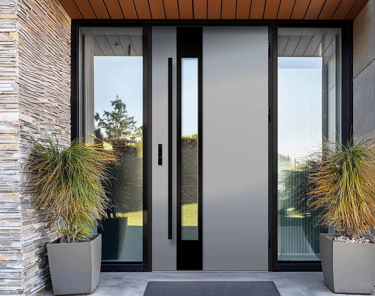 Modern steel front door set with vertical black glass panel and long handle, flanked by full-height windows, stone cladding, and symmetrical planters beneath timber-clad canopy.
