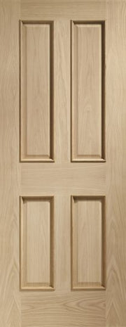 Wooden door with four rectangular panels on a light wood background