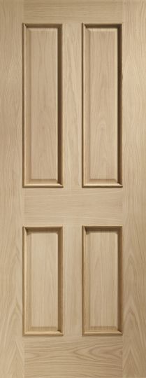 Wooden door with four rectangular panels on a light wood background
