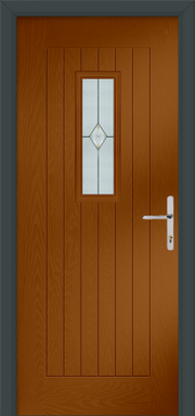 Wooden door with a glass panel and handle on a gray background