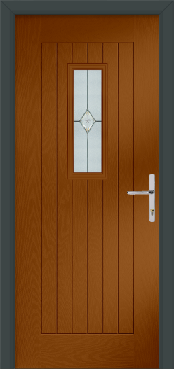 Wooden door with a glass panel and handle on a gray background