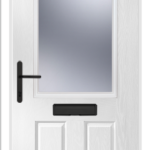 White door with a glass panel and black letterbox on a white background
