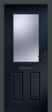 Dark gray front door with glass panel and handle