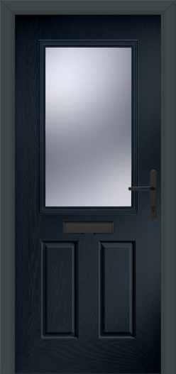 Dark gray front door with glass panel and handle