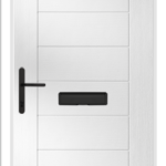 White door with black letterbox on a white background
