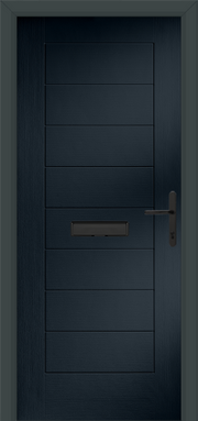 Dark grey door with a mail slot and handle on a black background