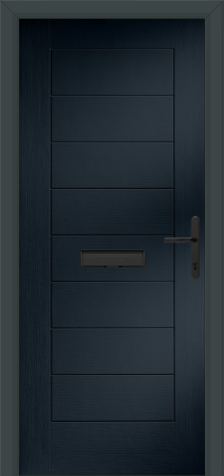 Dark grey door with a mail slot and handle on a black background