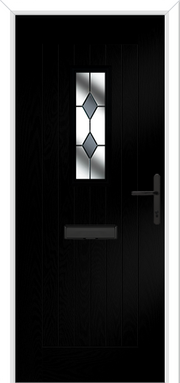 Black door with a decorative glass panel and handle
