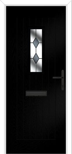 Black door with a decorative glass panel and handle