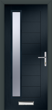 Dark gray door with a silver handle and mail slot