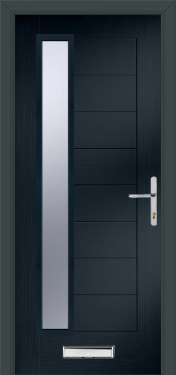 Dark gray door with a silver handle and mail slot