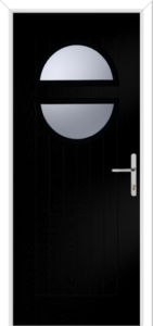 Black door with a circular window and metallic handle
