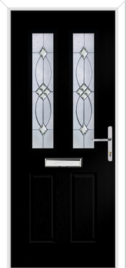 Black door with decorative glass panels and a silver handle
