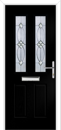Black door with decorative glass panels and a silver handle
