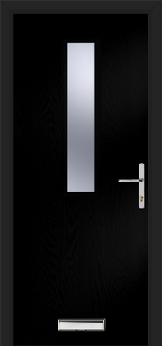 Black door with silver handle and mail slot on a black background