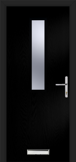 Black door with silver handle and mail slot on a black background