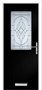 Black door with decorative glass panel and silver handle