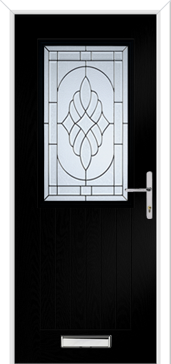 Black door with decorative glass panel and silver handle