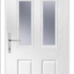 White door with glass panels on a white background