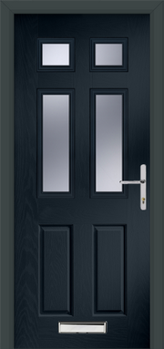Black door with glass panels and a silver handle
