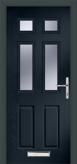 Black door with glass panels and a silver handle