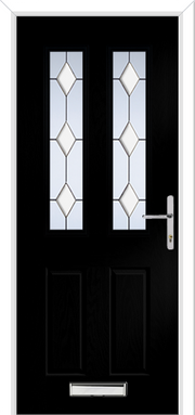 Black door with decorative glass panels and a silver handle on a white background