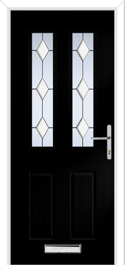 Black door with decorative glass panels and a silver handle on a white background