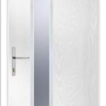 White door with a silver handle on a white background