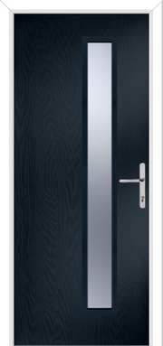Dark grey door with a silver handle and rectangular panel on a white background