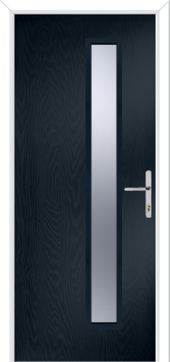 Dark grey door with a silver handle and rectangular panel on a white background