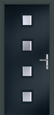 Dark gray door with silver square designs and a handle