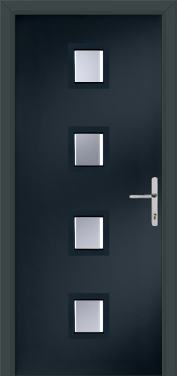 Dark gray door with silver square designs and a handle