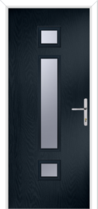 Black door with a glass panel and handle