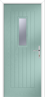 Green door with a silver handle on a white background