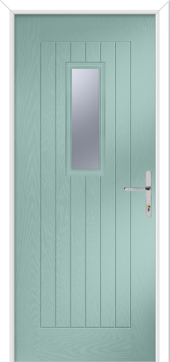 Green door with a silver handle on a white background
