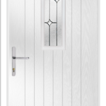 White door with decorative glass panels and a silver handle on a white background