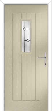 Clotted cream door with a decorative glass panel and handle on a white background