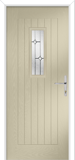 Clotted cream door with a decorative glass panel and handle on a white background