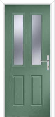 Green door with two glass panels and a handle on a white background