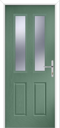 Green door with two glass panels and a handle on a white background