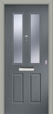 Gray door with glass panels and a handle
