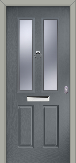 Gray door with glass panels and a handle
