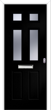 Black door with silver handle and mail slot on a white background