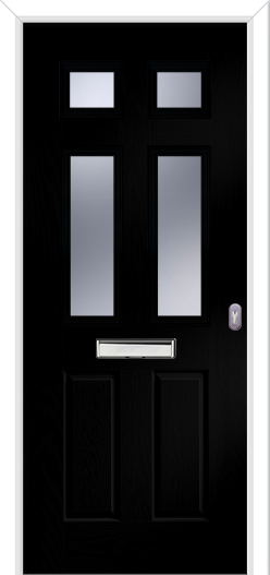 Black door with silver handle and mail slot on a white background