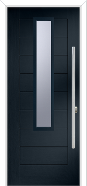 Modern black door with a glass panel and handle on a white background