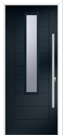 Modern black door with a glass panel and handle on a white background