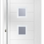 White door with two small windows on a white background