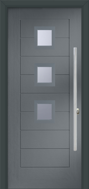 Gray door with glass panels and a handle