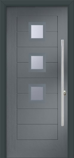 Gray door with glass panels and a handle